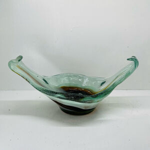 Art Glass Console Dish Home Decor‎ Brown Swirl Heavy Large Handled